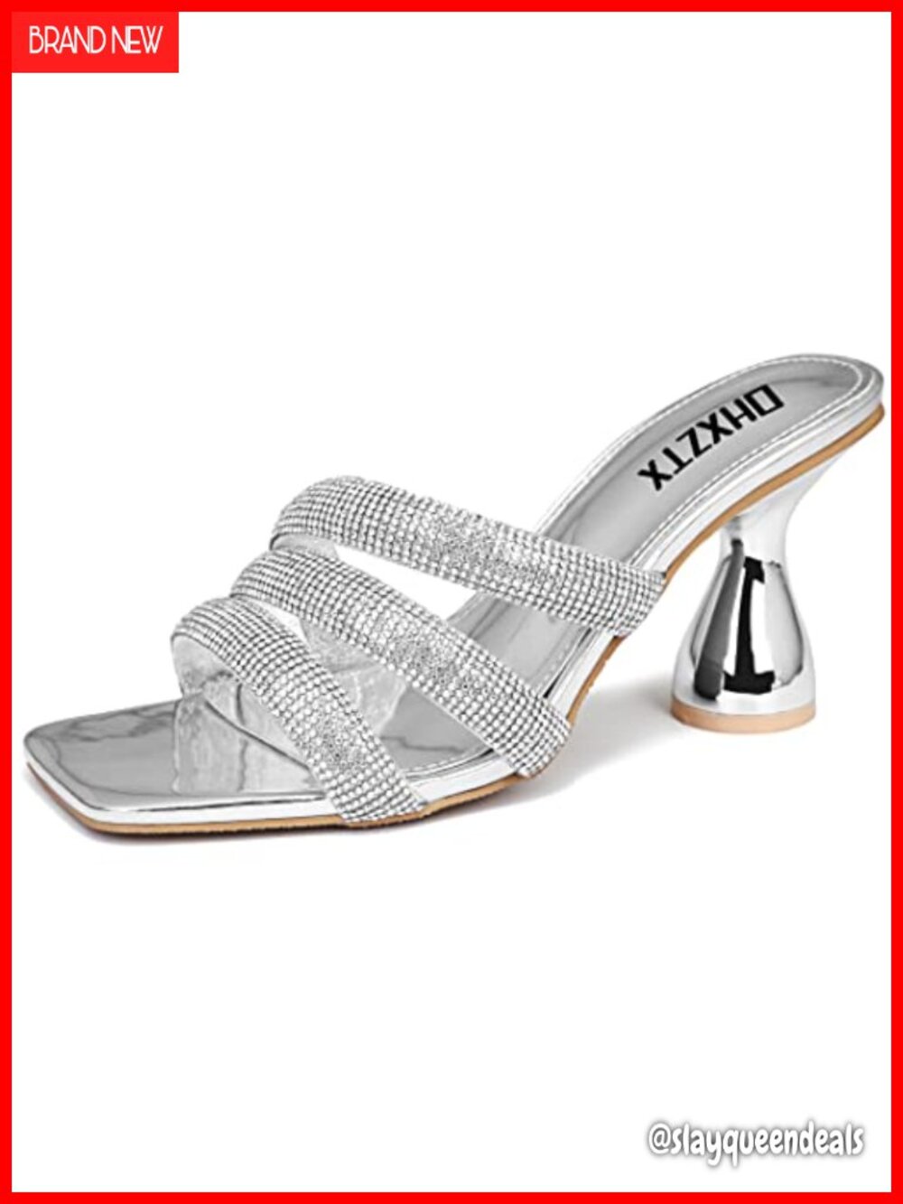 Rhinestone Square Toe Kitten Heels Slip On Mules Sandals